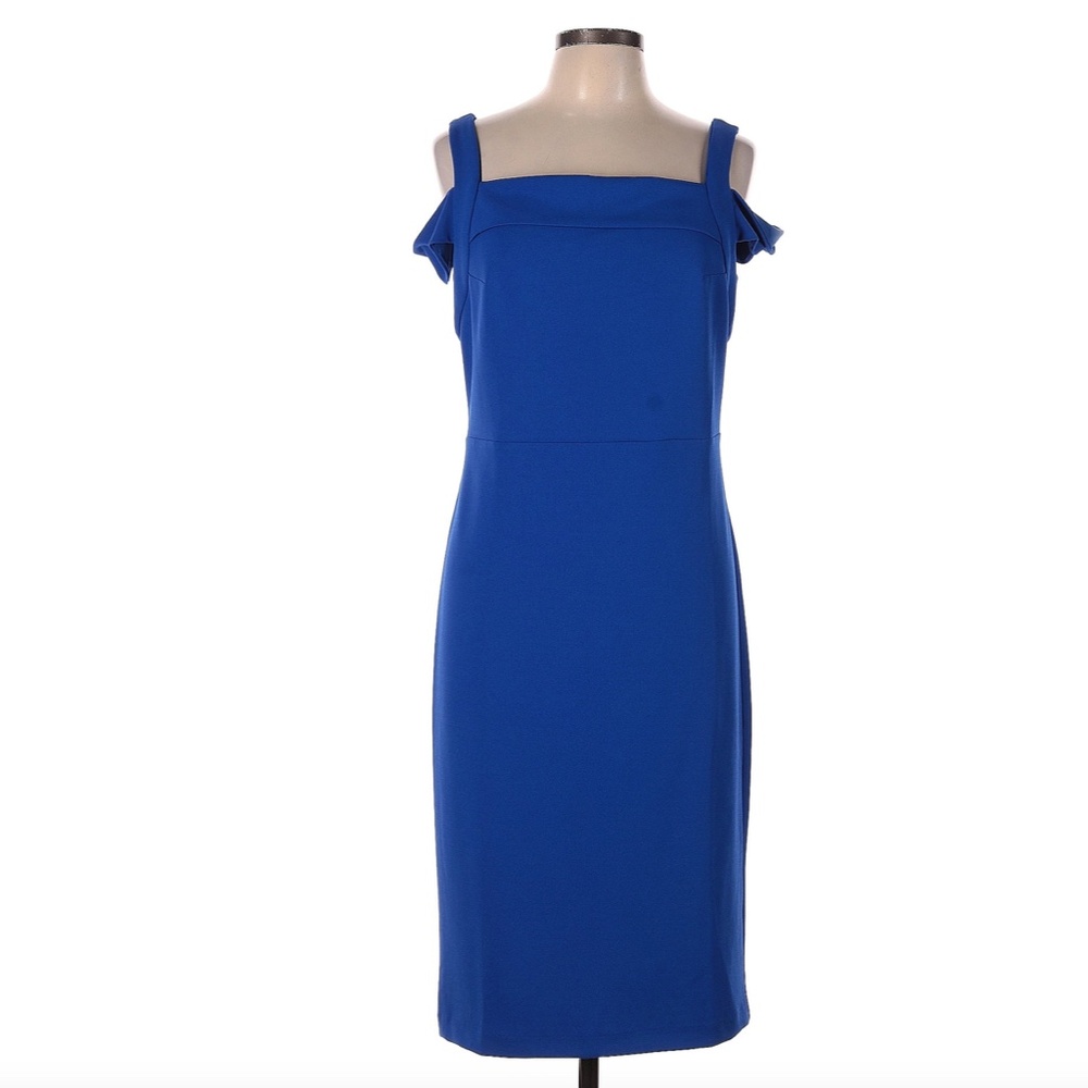 Beige by ECI Off the Shoulder Square Neck Sheath Midi Blue Dress Women's Size 4